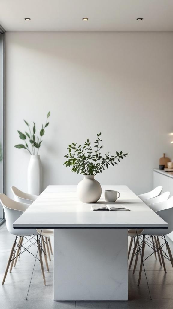 A modern minimalist kitchen table with a white surface, surrounded by white chairs, featuring a vase of greenery and a cup on the table.