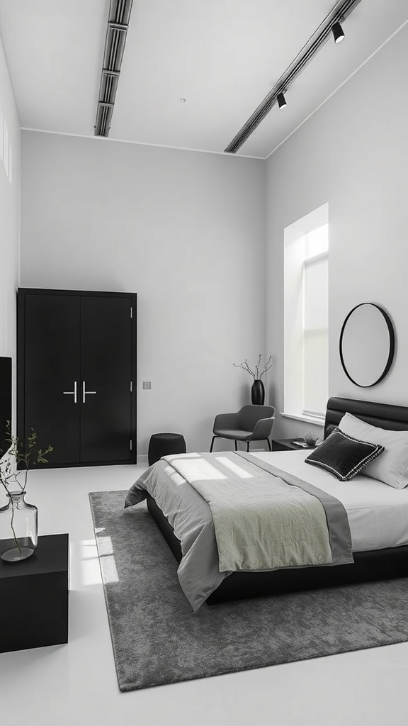 A modern minimalist bedroom featuring black furniture, light walls, and soft textiles.
