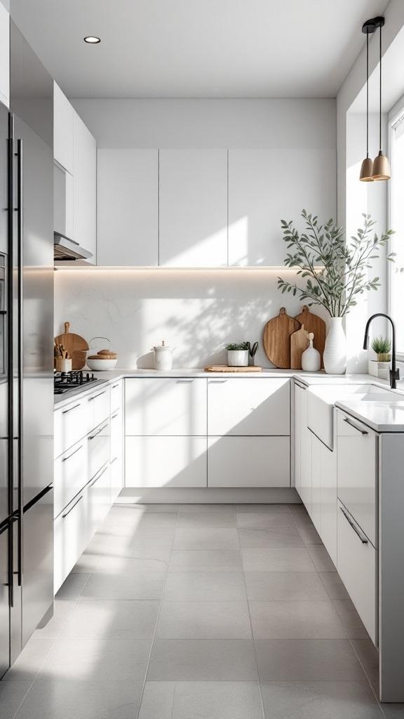 A modern kitchen with minimalist white cabinets and natural decor elements.