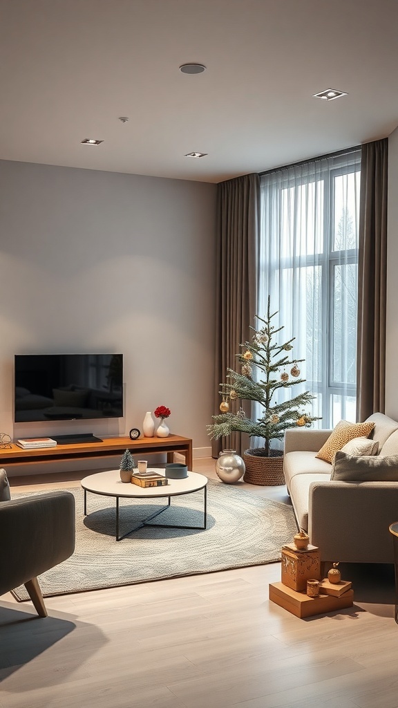 A modern minimalist Christmas room featuring a small tree, neutral colors, and simple decor.