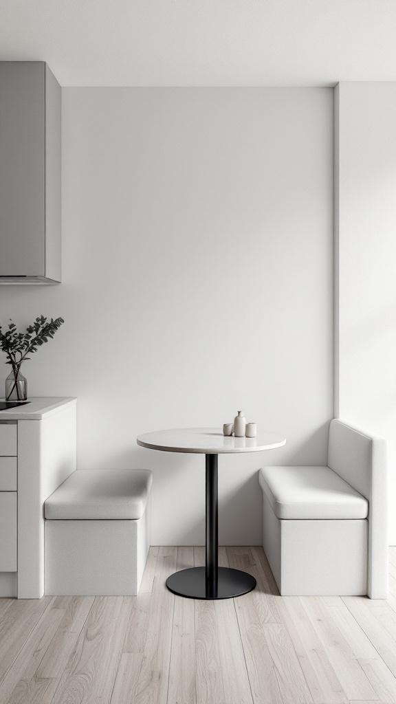 A modern minimalist kitchen nook featuring a round table and simple seating in a light-colored space.