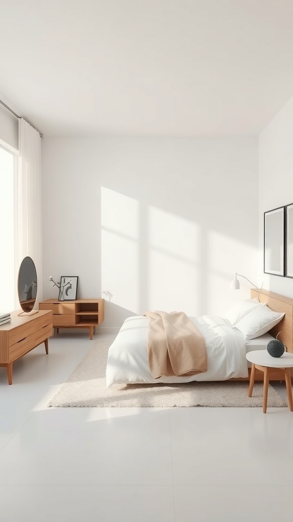 A modern minimalist bedroom featuring a bed with white bedding, light wooden furniture, and a soft rug.