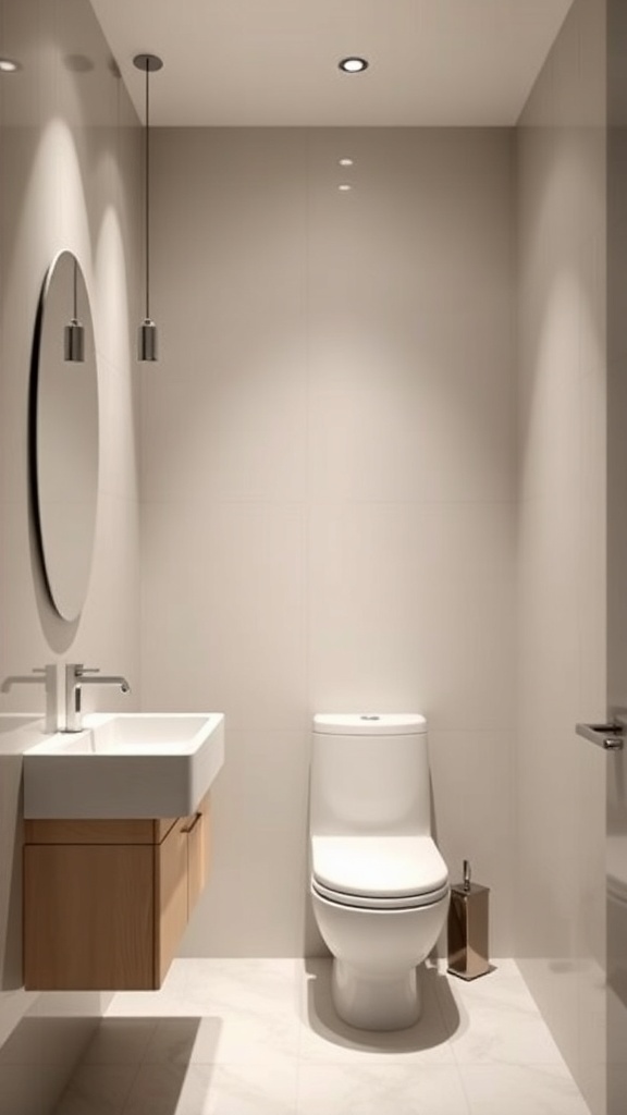 A modern minimalist bathroom featuring a round mirror, floating vanity, and sleek toilet.