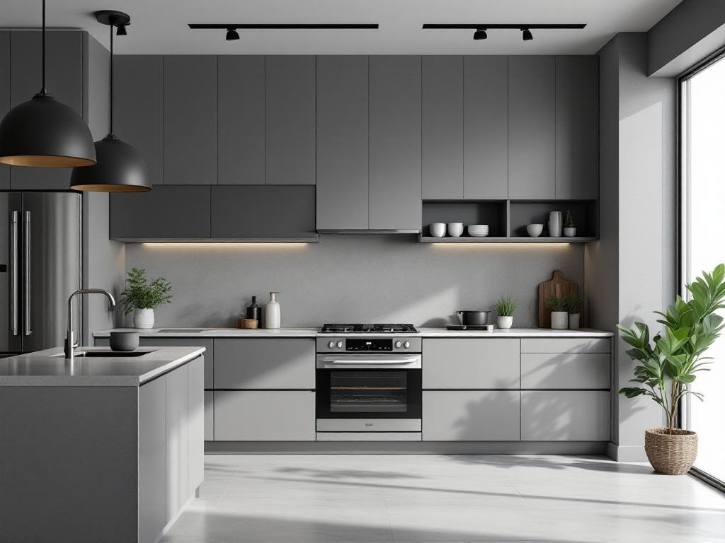 A modern minimalist gray kitchen featuring sleek cabinetry, stylish lighting, and a touch of greenery.