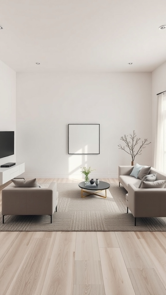A modern minimalist living room with neutral colors and simple furniture.
