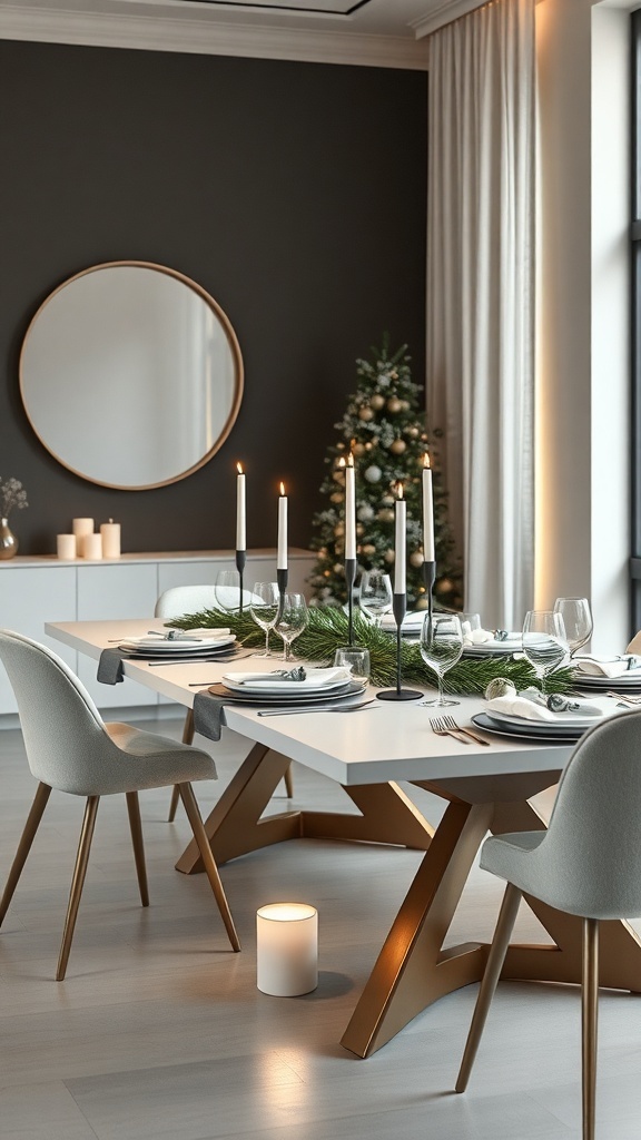 A modern minimalist Christmas table setting featuring a white table, elegant tableware, and a touch of greenery.