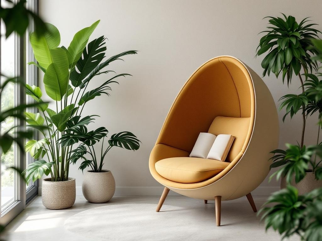A modern pod chair in yellow color surrounded by indoor plants, creating a cozy reading nook.