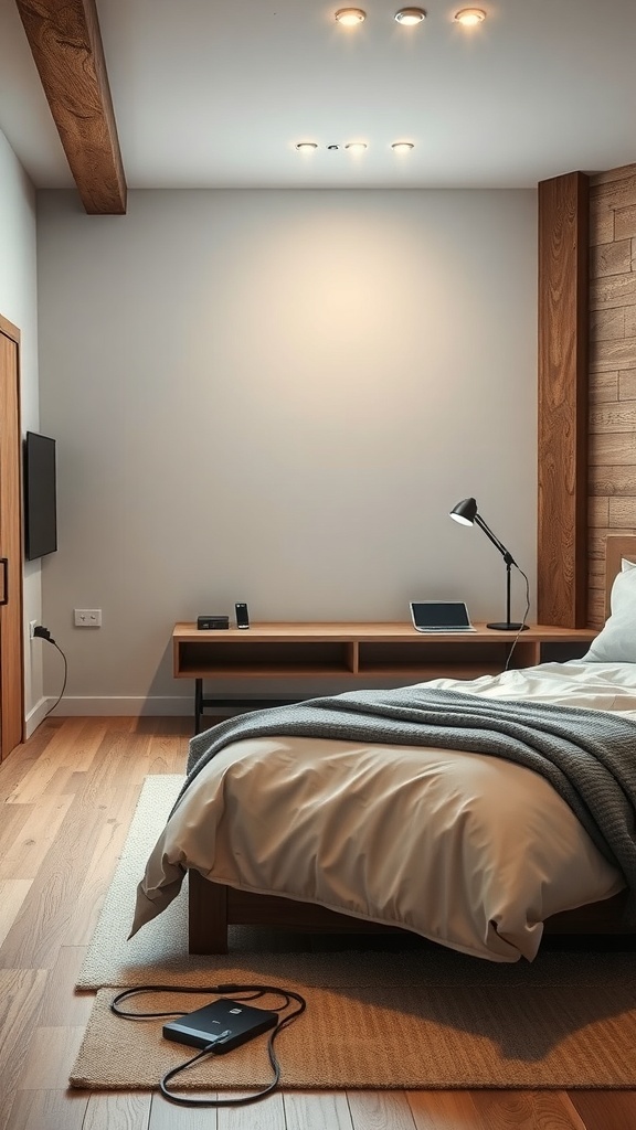 A modern rustic bedroom featuring a bed with a cozy blanket, wooden furniture, and integrated technology.