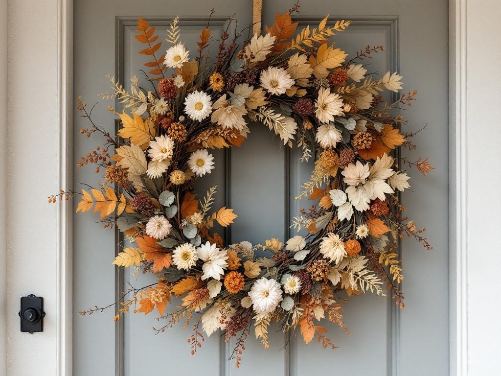 A modern wreath with dried flowers and leaves in autumn colors hanging on a door.
