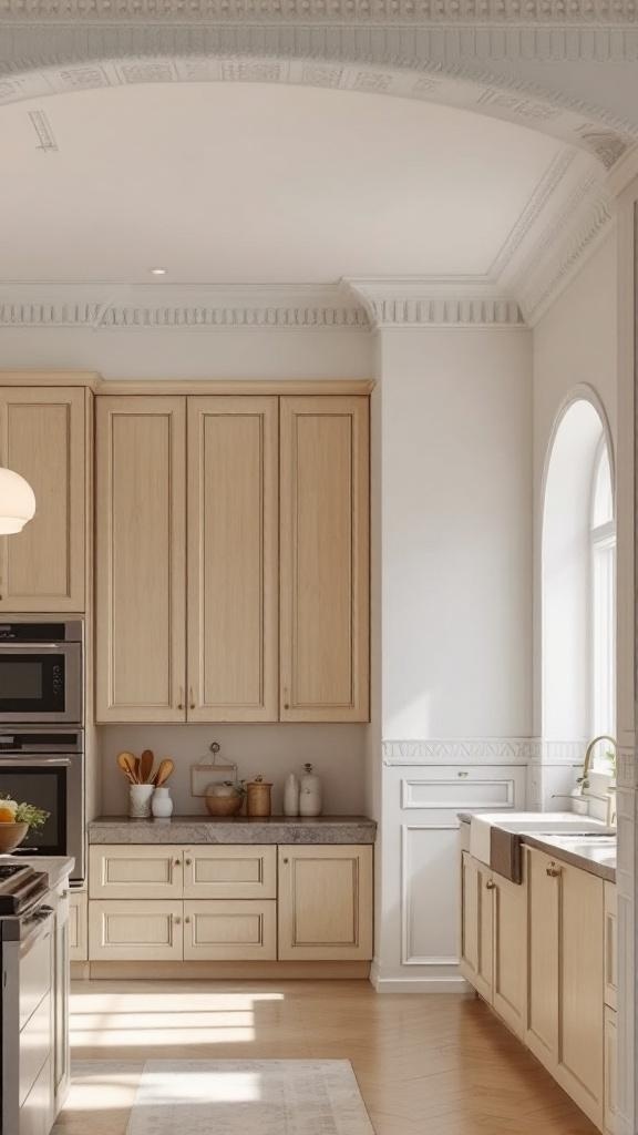 A kitchen with elegant crown molding and light cabinetry, showcasing a bright and airy atmosphere.