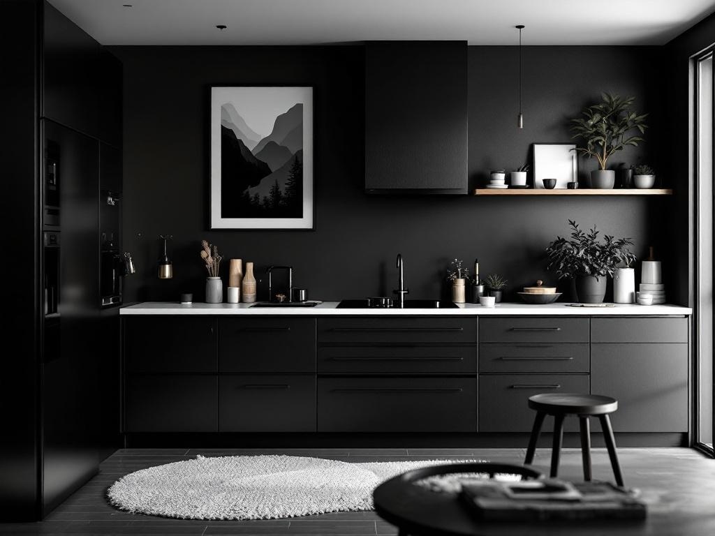 A modern black kitchen featuring monochromatic decor with plants and artwork.