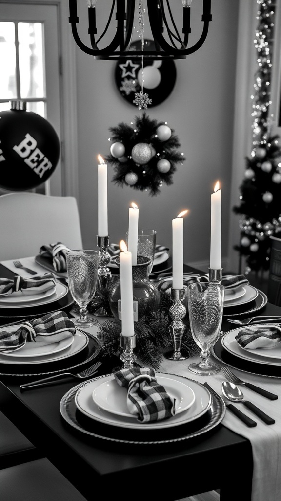 A beautifully set table with monochromatic Christmas decor featuring candles, plates, and a festive centerpiece.