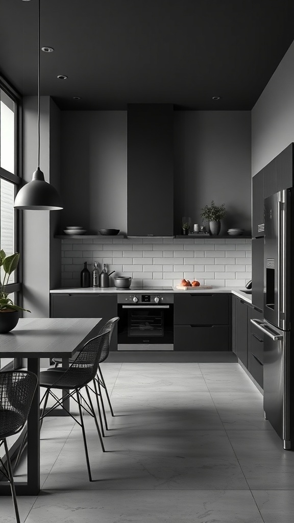 A minimalist kitchen featuring monochromatic design elements in shades of gray.