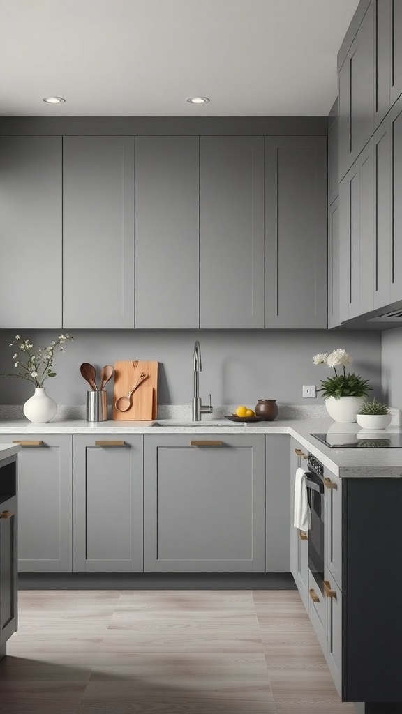 A modern grey kitchen with sleek cabinets and light countertops, featuring wooden accents and plants.