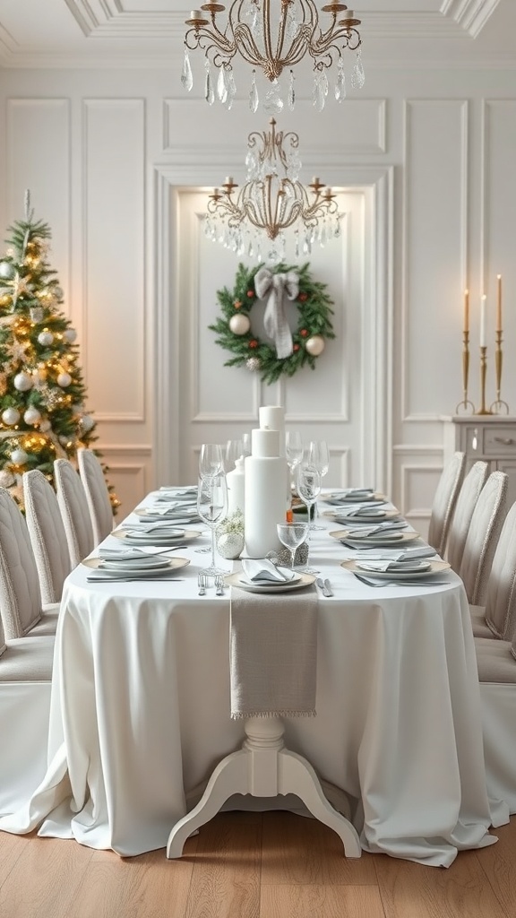 A minimalist Christmas table setting with a white tablecloth, elegant glassware, and a tall white candle centerpiece.