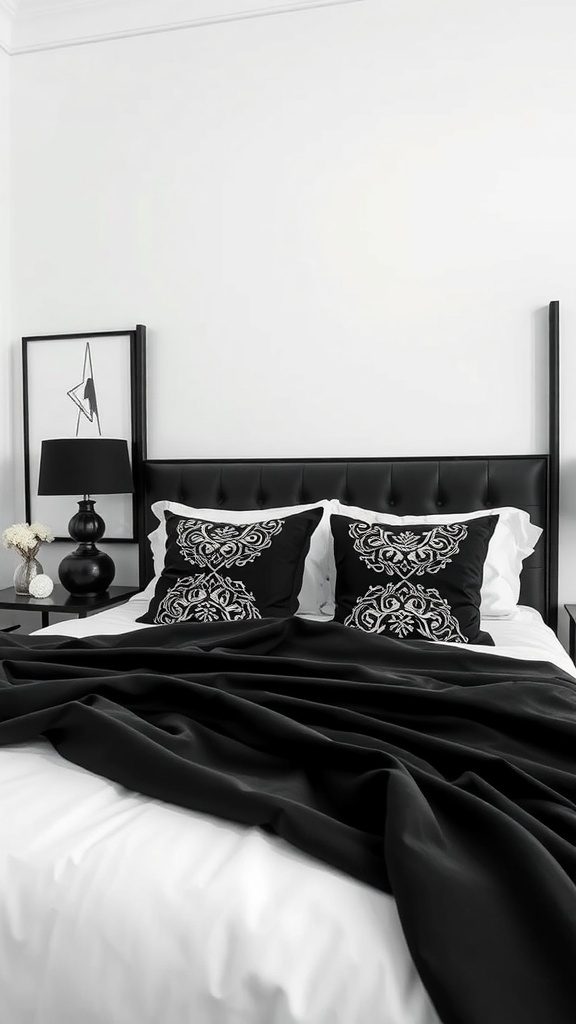 A stylish black and white bedroom featuring a black headboard, decorative pillows, and a black lamp.