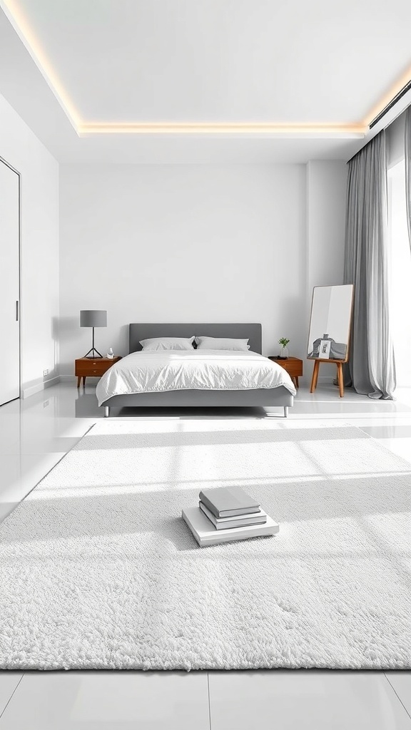 A minimalist bedroom featuring a large white rug, a bed with white bedding, and a stylish lamp.