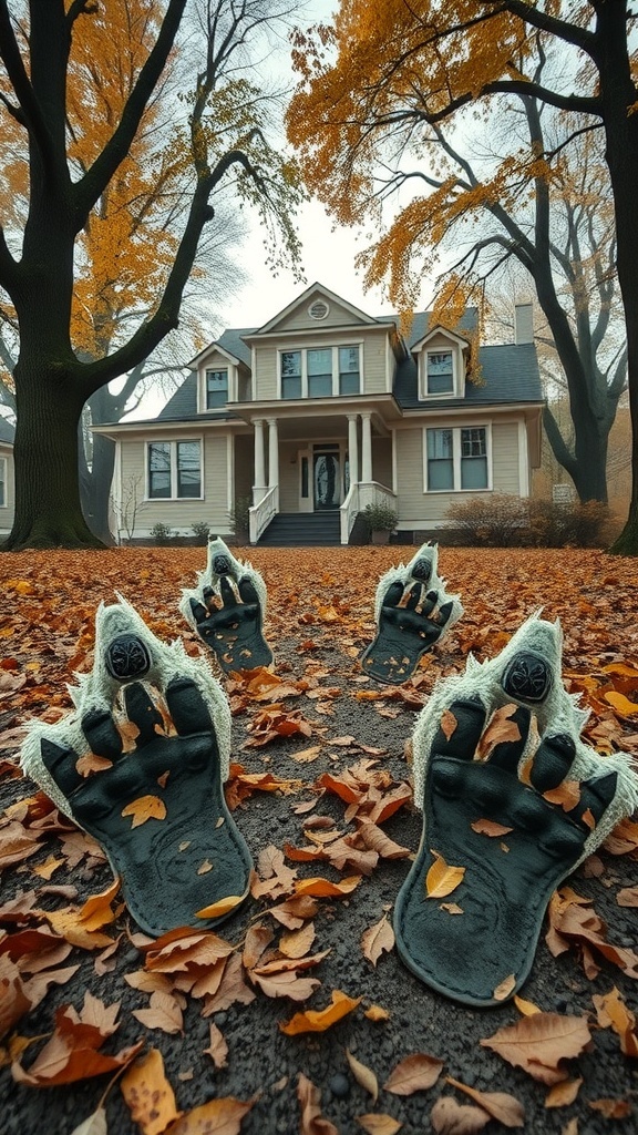 A spooky Halloween display featuring large monster footprints leading to a house, surrounded by autumn leaves.