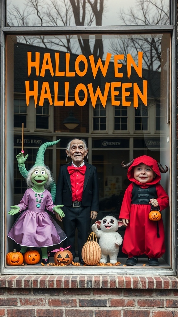 Halloween window display featuring characters in costumes, pumpkins, and festive decorations.