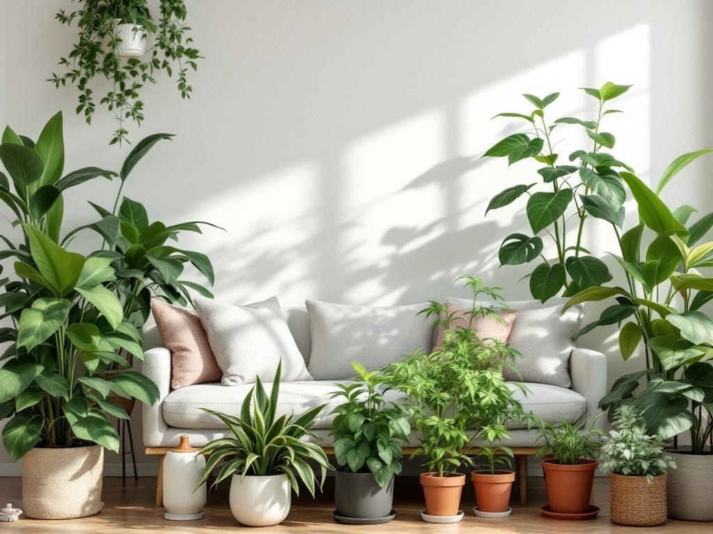 A cozy living room corner with various houseplants and a comfortable sofa.