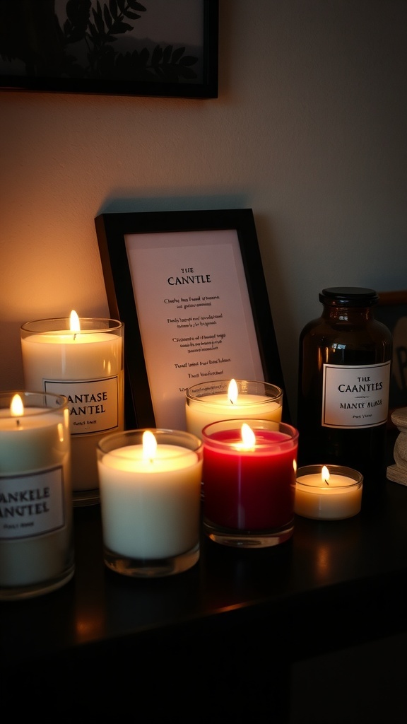 A collection of mood-enhancing candles on a shelf, creating a cozy atmosphere.
