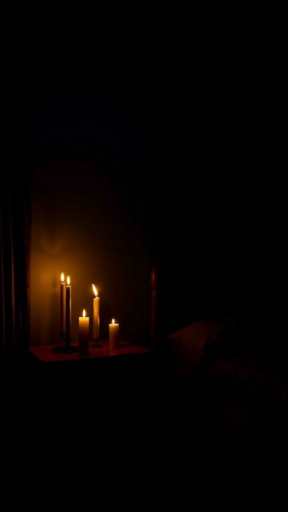 A dark bedroom with candles on a bedside table, creating a cozy atmosphere.