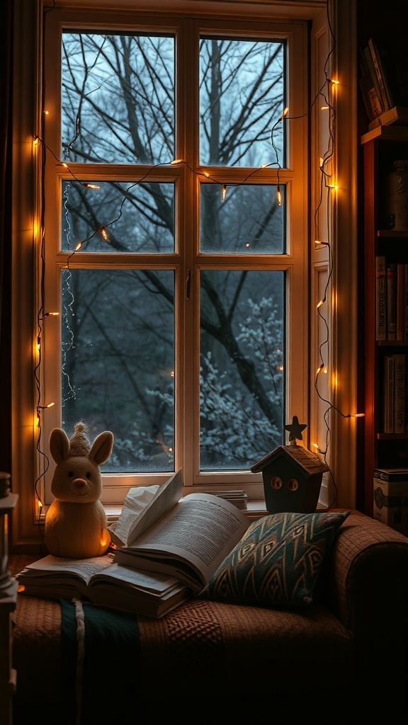 A cozy corner with fairy lights around a window, featuring a plush bunny, an open book, and a warm atmosphere.
