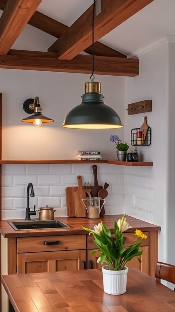 A small rustic kitchen featuring warm lighting fixtures and wooden elements.