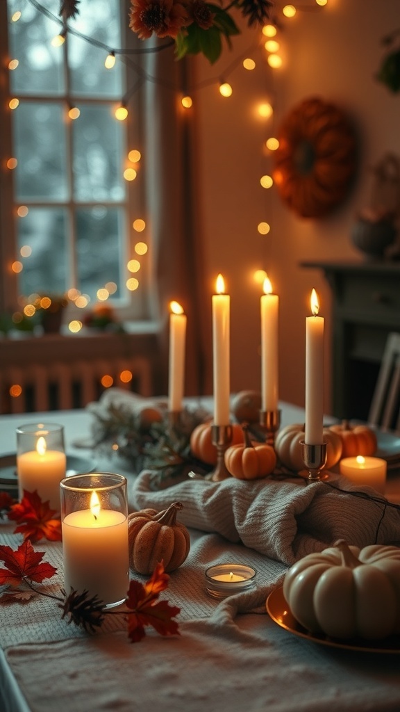 A cozy fall table setting with candles, pumpkins, and string lights creating a warm atmosphere.
