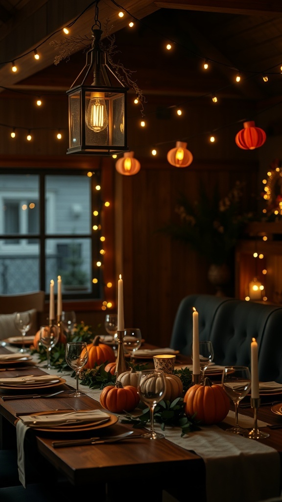 A beautifully decorated Thanksgiving table with warm lighting, pumpkins, and candles.