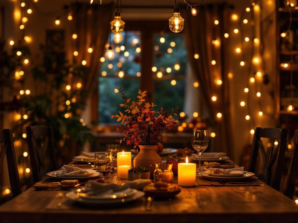 A cozy kitchen decorated with string lights, featuring a beautifully set table for Thanksgiving.
