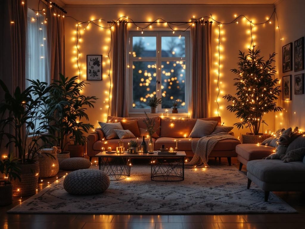 A cozy living room decorated with fairy lights, plants, and a warm color palette.