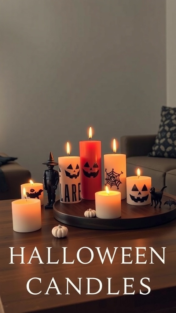 A collection of Halloween candles with jack-o'-lantern faces and spooky decorations on a table