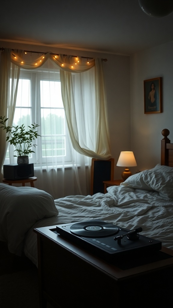 A cozy, romantic bedroom with soft lighting, a record player, and a neatly made bed.