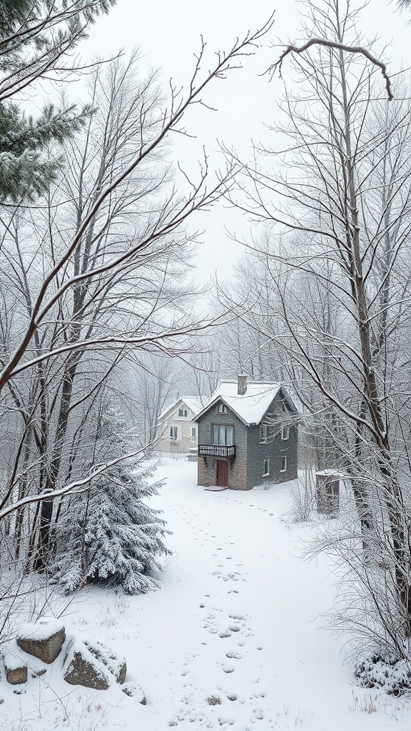 A snowy landscape featuring two houses surrounded by bare trees and a path in the snow.