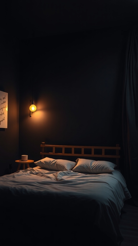 A cozy bedroom with black walls and warm mood lighting.