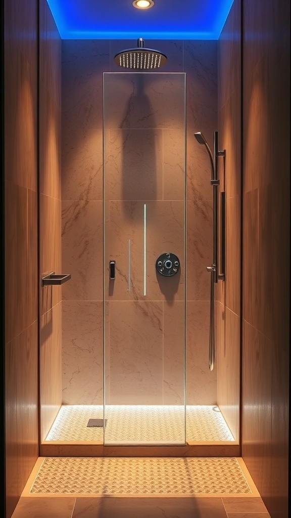A modern rustic walk-in shower with warm and colorful mood lighting.