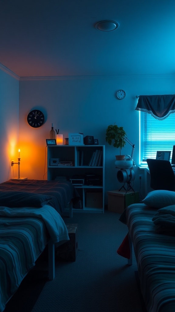 A dorm room with warm and cool mood lighting, featuring two beds, a plant, and a cozy atmosphere.