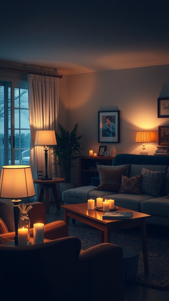 Warm-tone living room with soft lighting and candles.
