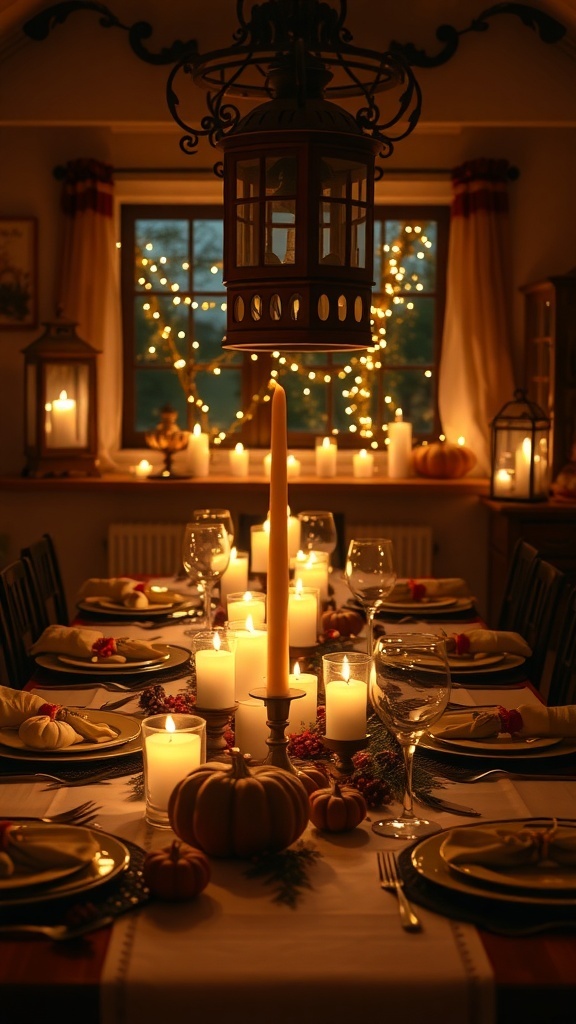 A beautifully set Thanksgiving table with candles, lanterns, and string lights creating a warm atmosphere.