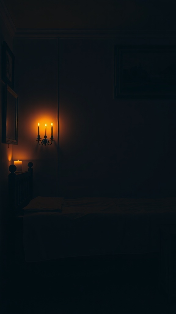 A dimly lit bedroom with candles providing warm light, creating a cozy and spooky atmosphere.