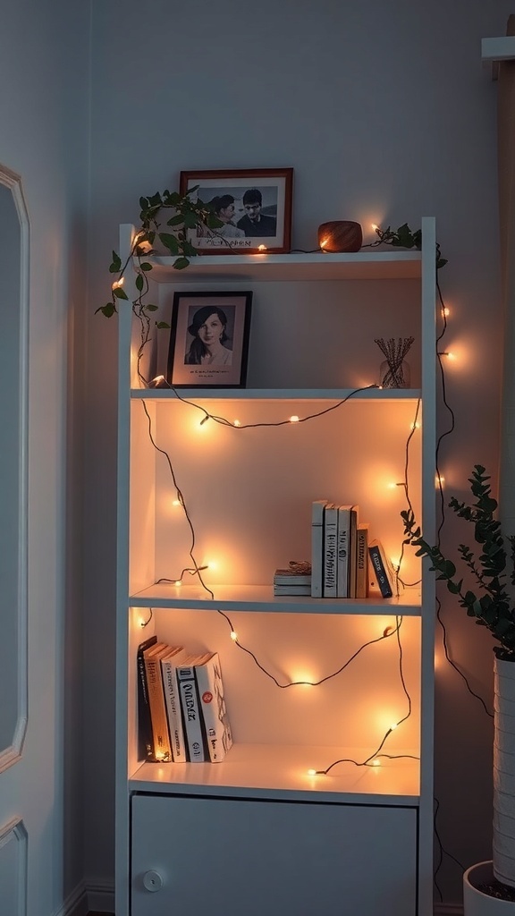 A bookshelf with fairy lights and framed photos, creating a cozy atmosphere.