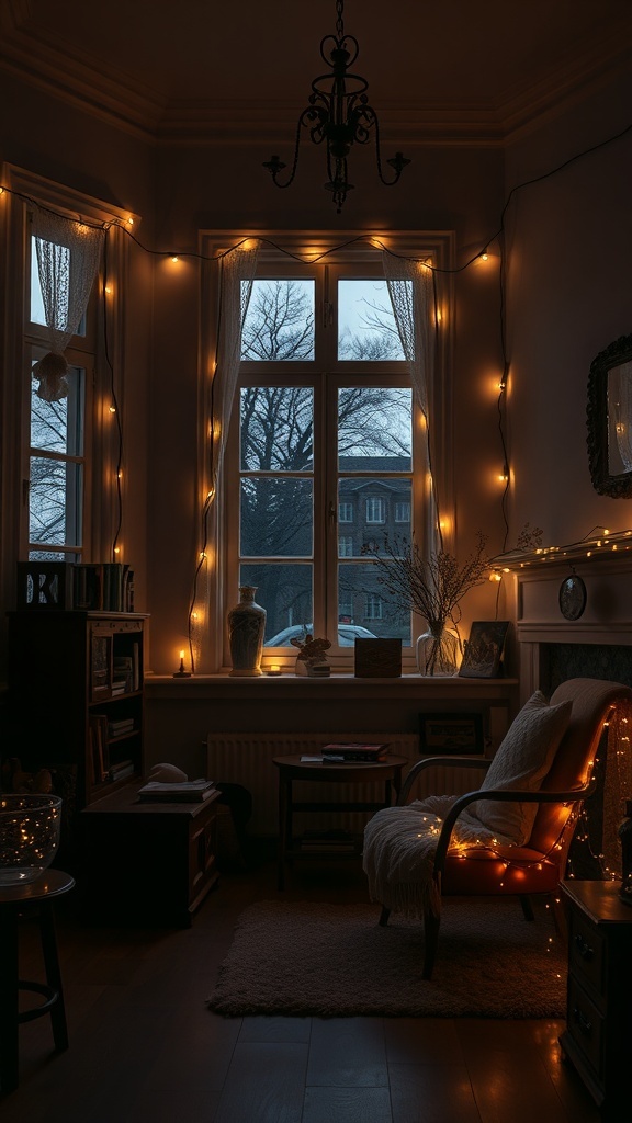 A cozy room with fairy lights illuminating the space, creating a warm atmosphere.