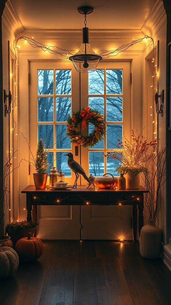 A cozy entryway decorated with string lights, pumpkins, and seasonal decor.