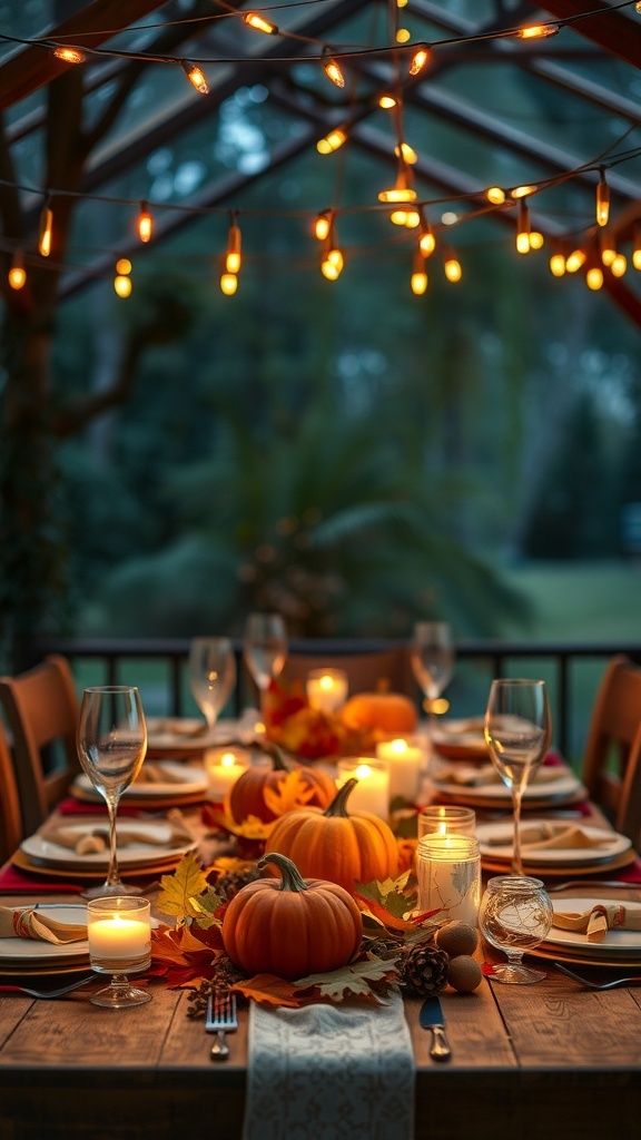 A fall table setting with string lights, pumpkins, and candles.