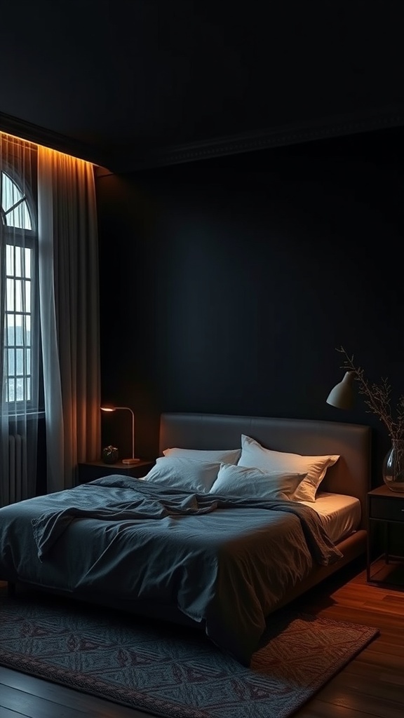A cozy bedroom with black walls, warm accent lighting, and a neatly made bed.