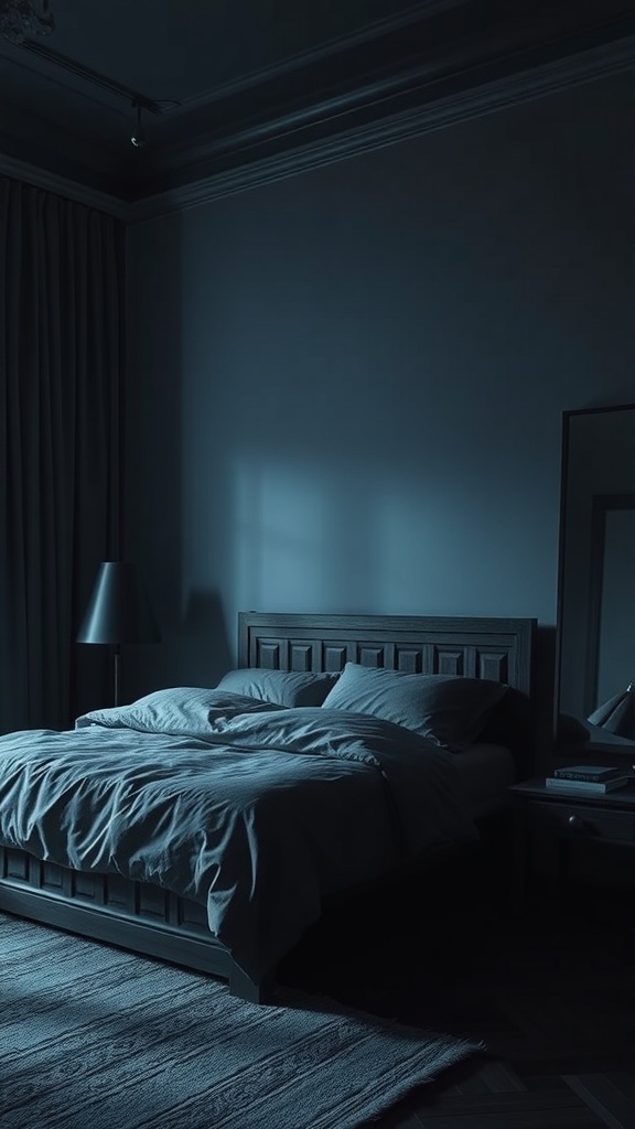 A dark and cozy bedroom with a bed, lamp, and mirror.