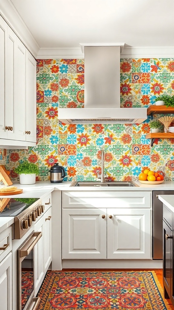 Colorful mosaic backsplash in a farmhouse kitchen with white cabinets and a modern stove.
