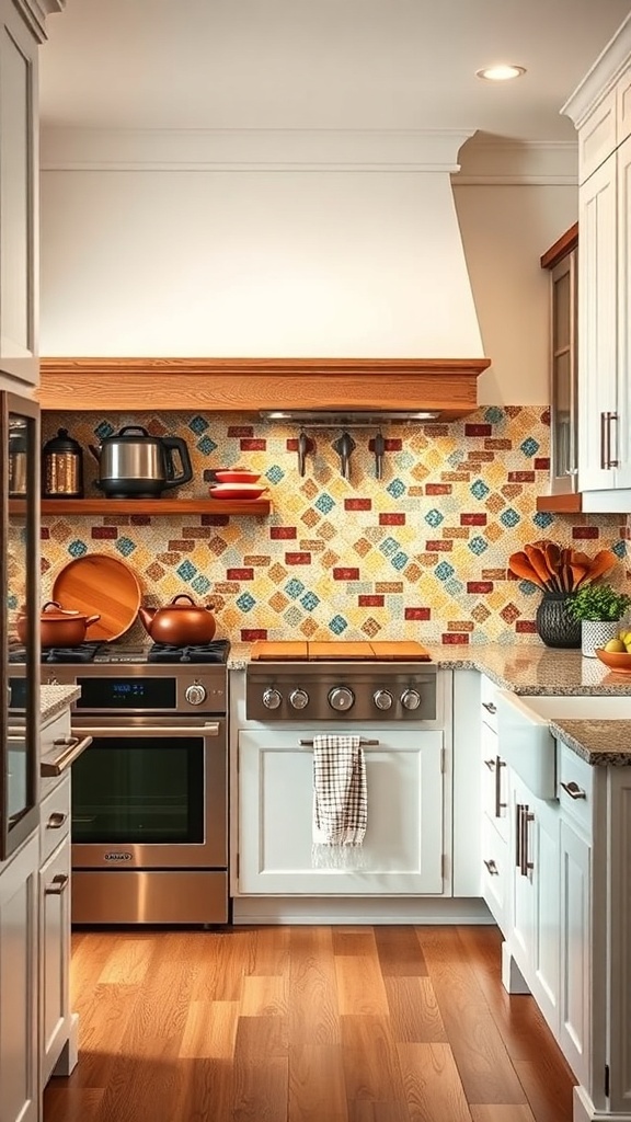 A rustic farmhouse kitchen with a colorful mosaic stone backsplash.