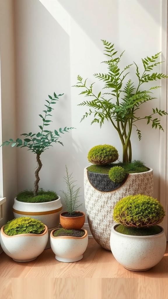 A collection of moss and fern arrangements in decorative pots.